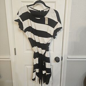 LOFT Black and White Striped Midi Dress